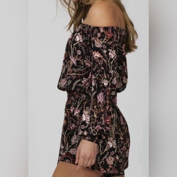 Free People Off-Shoulder Floral Romper in Black and Pink - Picture 2 of 9